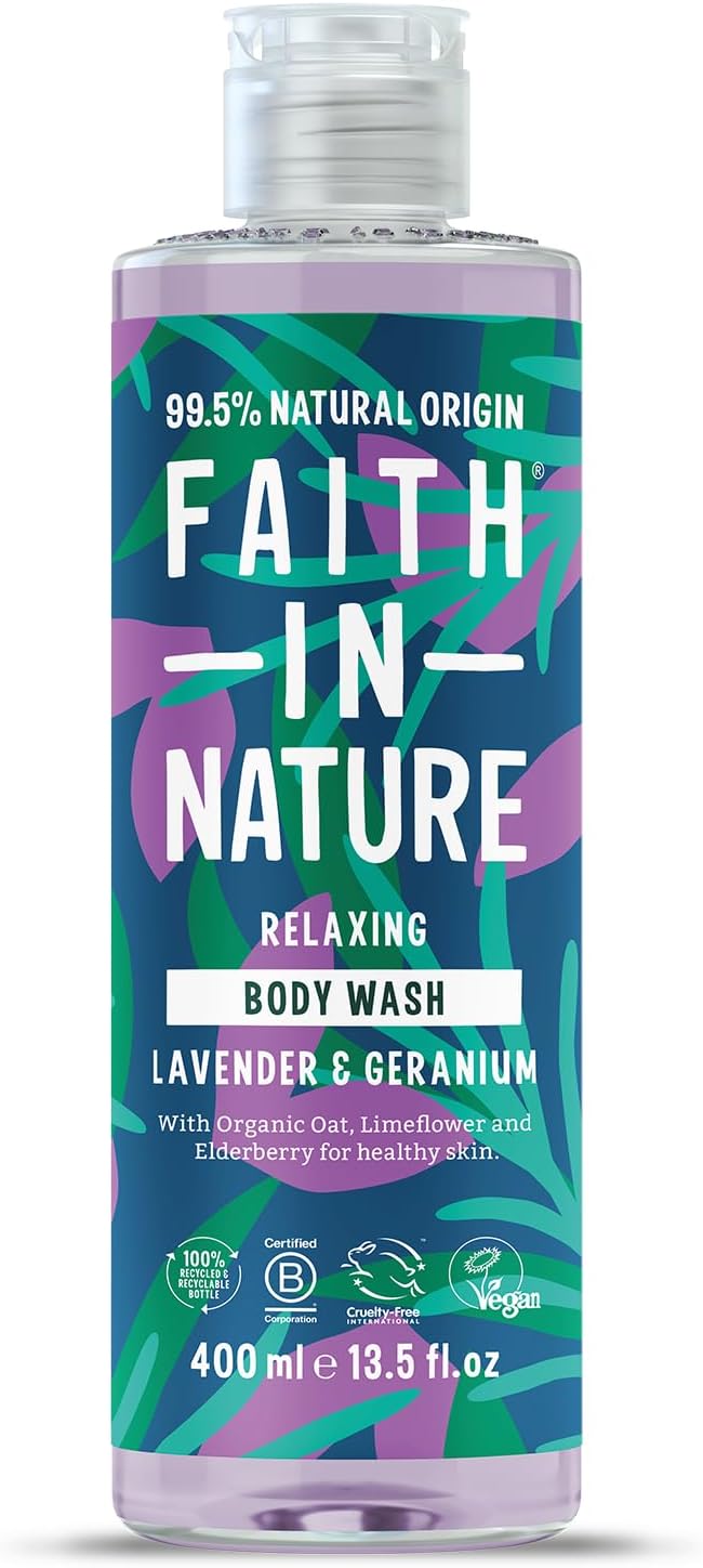 Faith In Nature Natural Lavender and Geranium Body Wash, Relaxing Shower Gel, Vegan and Cruelty Free, No SLS or Parabens, 400 ml