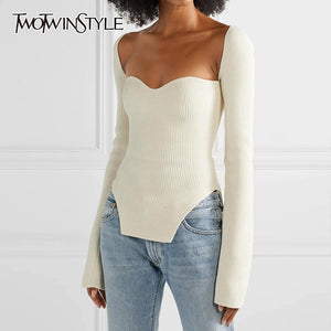 White Side Split Knitted Women Sweater Square Collar